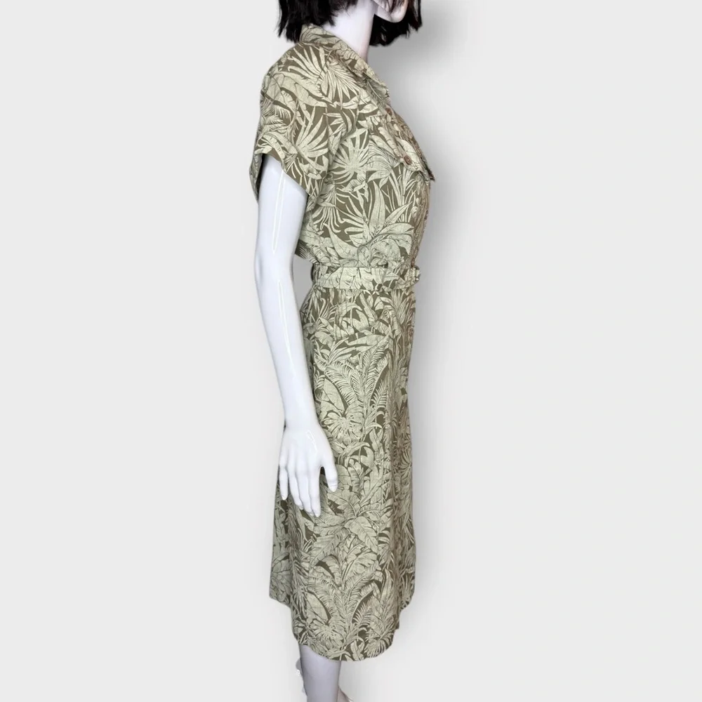 Vintage Late 1970s Early 80s Green Tropical Print Cotton Midi Dress - Picture 6 of 8